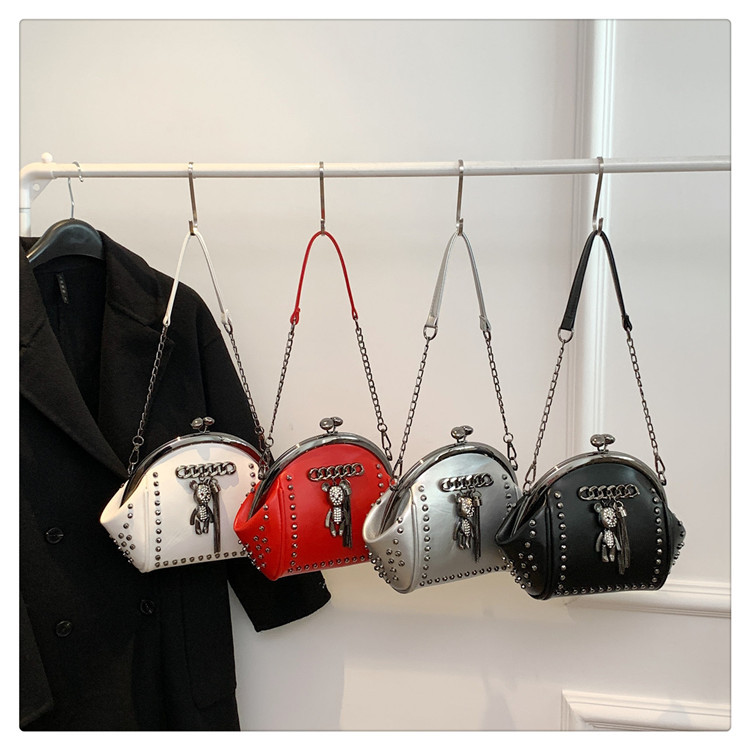 Women's Small Pu Leather Little Bear Streetwear Tassel Rivet Buckle Dome Bag display picture 3