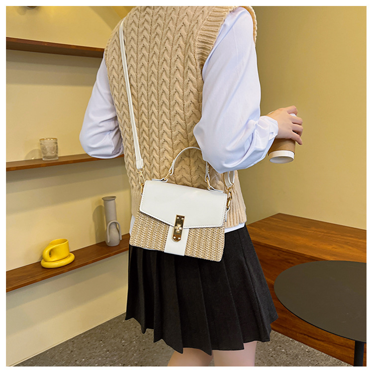 Women's Small Straw Color Block Vacation Beach Weave Square Lock Clasp Crossbody Bag Straw Bag display picture 3