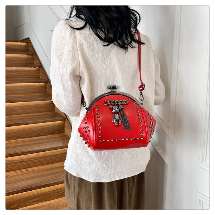 Women's Small Pu Leather Little Bear Streetwear Tassel Rivet Buckle Dome Bag display picture 9