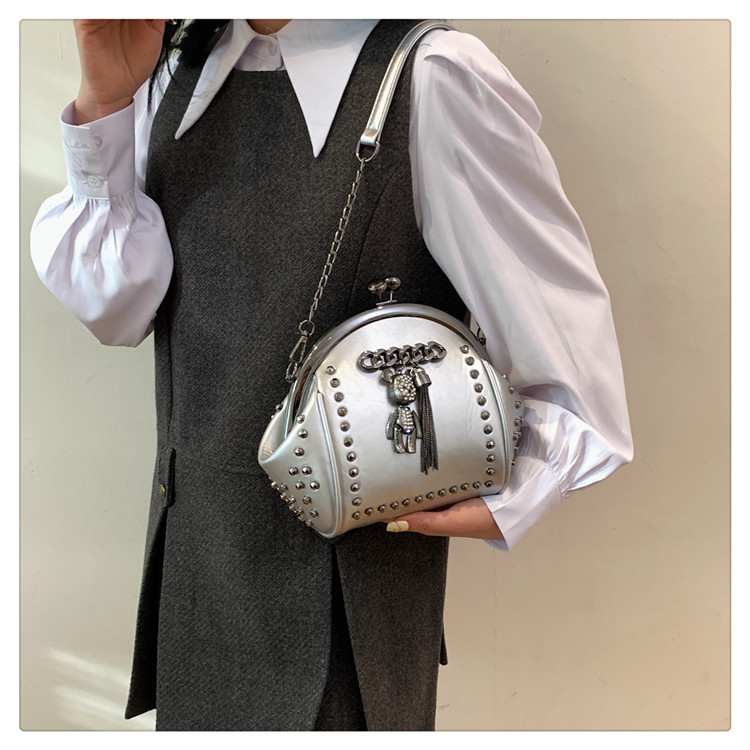 Women's Small Pu Leather Little Bear Streetwear Tassel Rivet Buckle Dome Bag display picture 16