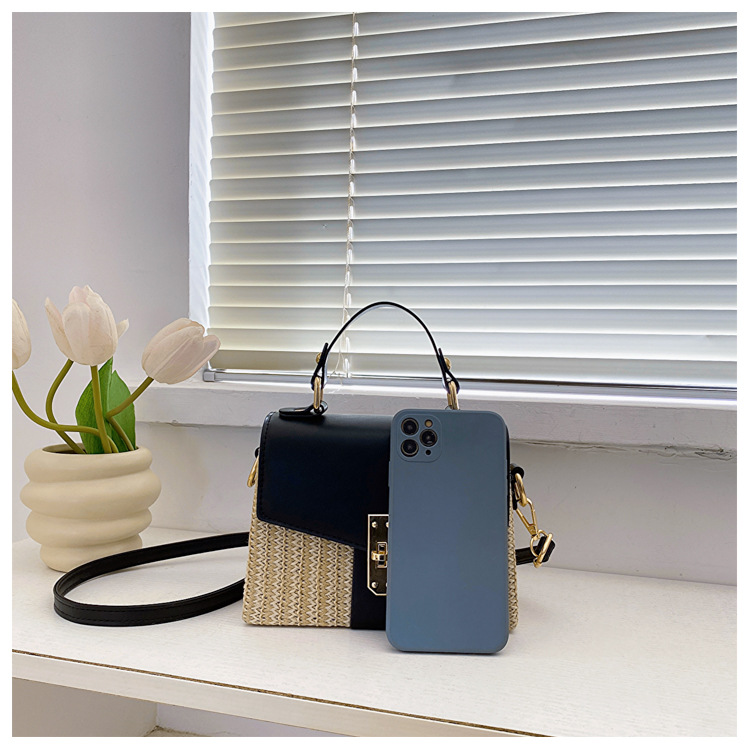 Women's Small Straw Color Block Vacation Beach Weave Square Lock Clasp Crossbody Bag Straw Bag display picture 12