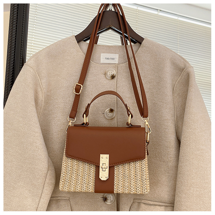 Women's Small Straw Color Block Vacation Beach Weave Square Lock Clasp Crossbody Bag Straw Bag display picture 16