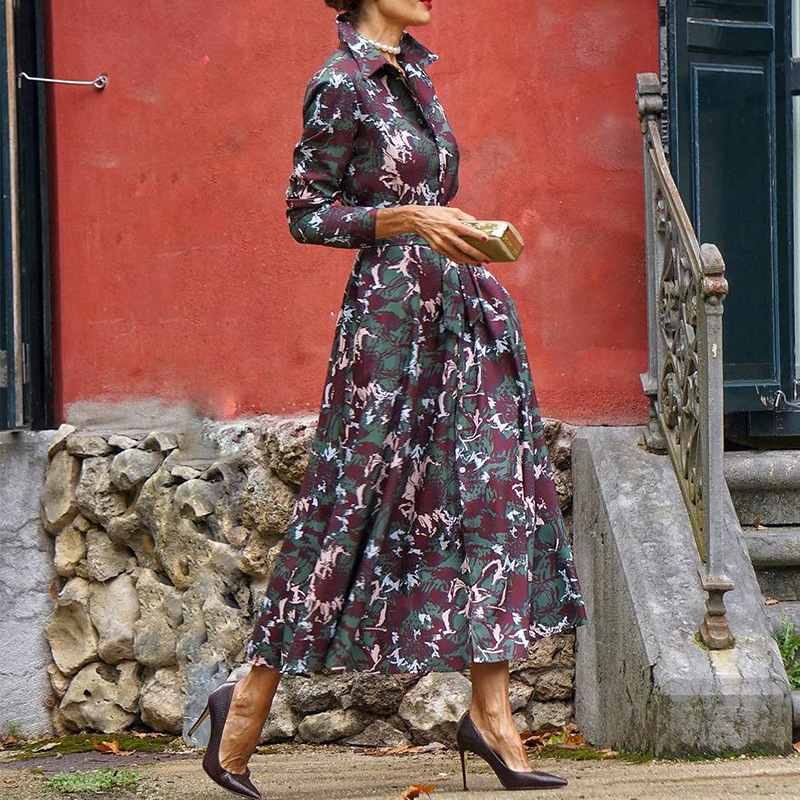 Women's Regular Dress Vintage Style Turndown Printing Pocket Long Sleeve Printing Maxi Long Dress Daily display picture 1