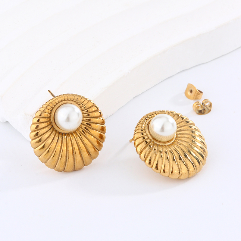 1 Pair Retro Artistic Geometric Plating Inlay 304 Stainless Steel Imitation Pearl Artificial Pearls 18K Gold Plated Earrings display picture 2
