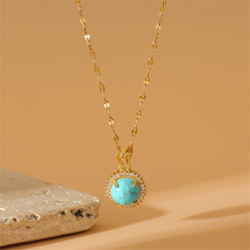 Stainless Steel Copper 18K Gold Plated Simple Style Plating Inlay Water Droplets Turquoise Zircon Pendant Necklace display picture 1