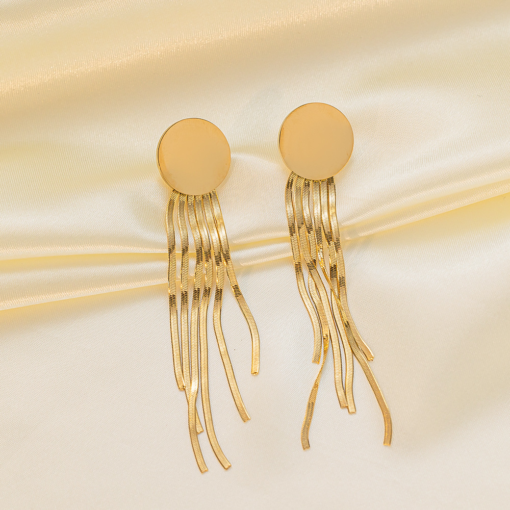 1 Pair Vintage Style Simple Style Commute Round Solid Color Polishing Tassel 304 Stainless Steel 18K Gold Plated Drop Earrings display picture 2