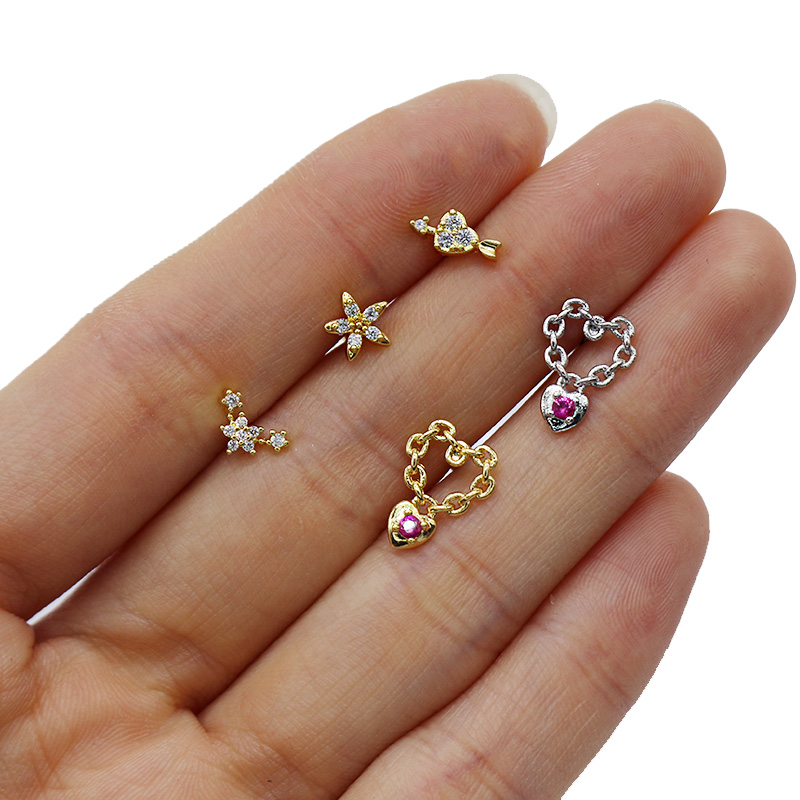1 Piece Basic Modern Style Classic Style Star Heart Shape Flower Inlay 316L Stainless Steel  Copper Zircon Ear Studs Cartilage Earrings display picture 27