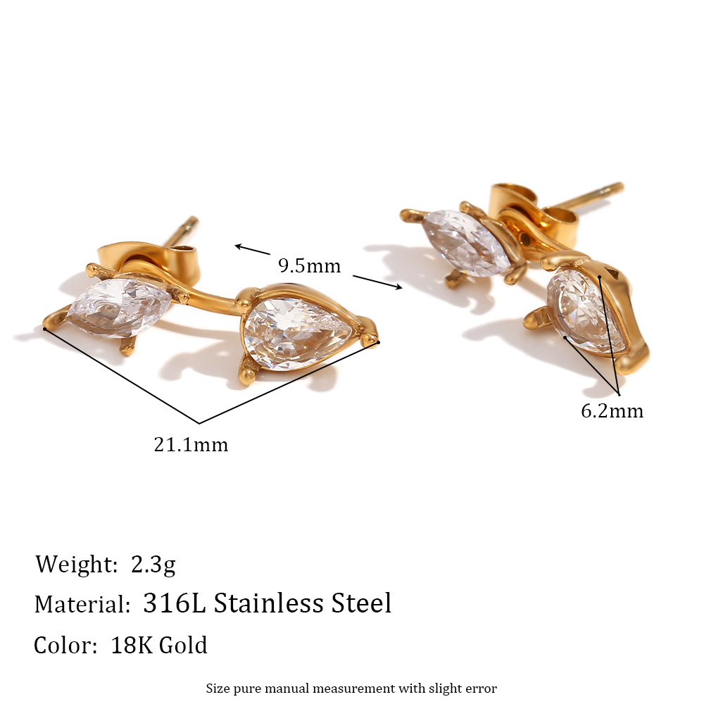 1 Pair Basic Simple Style Classic Style Water Droplets Plating Inlay 304 Stainless Steel Zircon 18K Gold Plated Ear Studs display picture 2