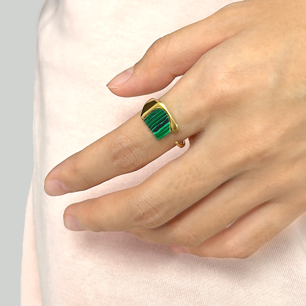 304 Stainless Steel 18K Gold Plated Elegant Lady Classic Style Inlay Geometric Malachite Open Rings display picture 2