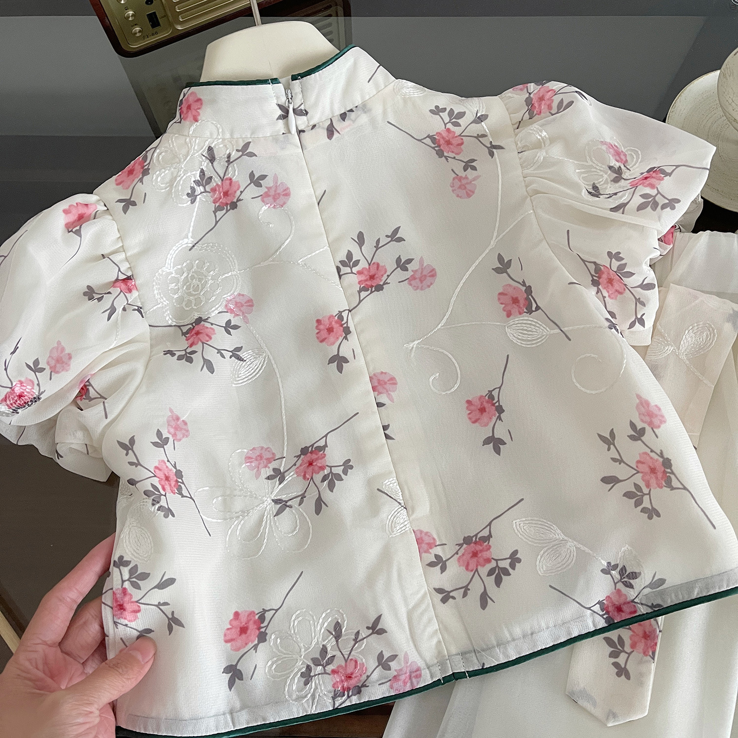 Chinoiserie Princess Flower Embroidery Bowknot Chiffon Girls Clothing Sets display picture 3