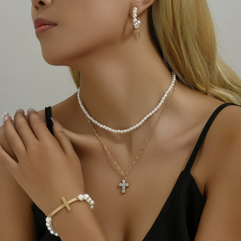 IG Style Simple Style Cross Alloy Pearl Inlay Rhinestones Women's Jewelry Set display picture 1