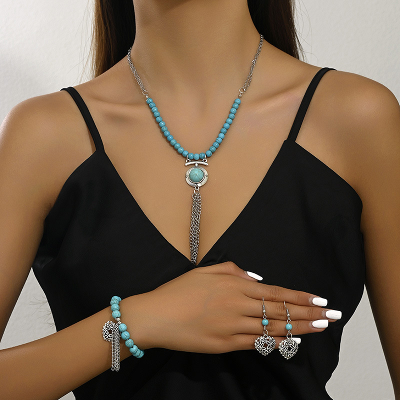 Retro Simple Style Tassel Heart Shape Alloy Beaded Plating Inlay Turquoise Women's Jewelry Set display picture 1