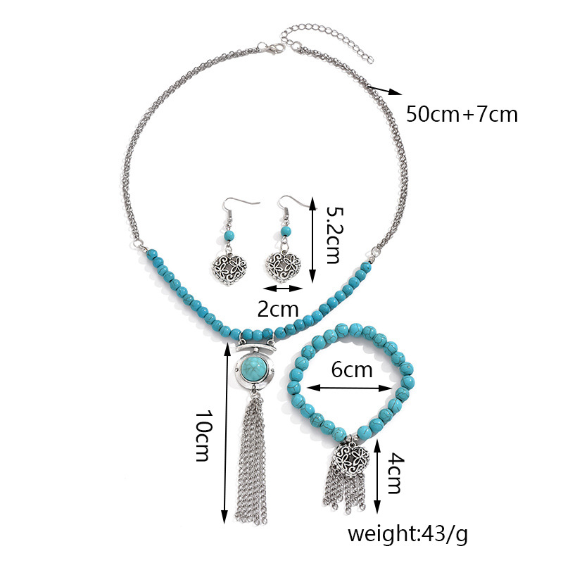 Retro Simple Style Tassel Heart Shape Alloy Beaded Plating Inlay Turquoise Women's Jewelry Set display picture 2