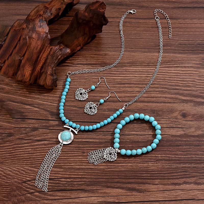 Retro Simple Style Tassel Heart Shape Alloy Beaded Plating Inlay Turquoise Women's Jewelry Set display picture 3