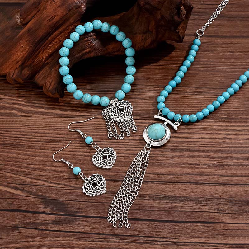 Retro Simple Style Tassel Heart Shape Alloy Beaded Plating Inlay Turquoise Women's Jewelry Set display picture 4