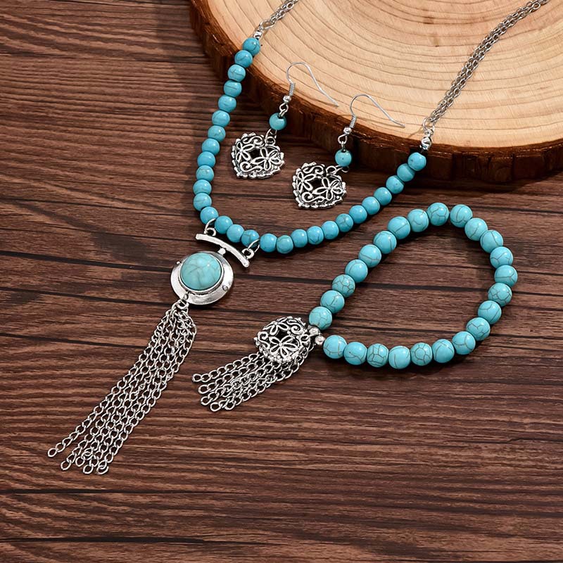Retro Simple Style Tassel Heart Shape Alloy Beaded Plating Inlay Turquoise Women's Jewelry Set display picture 5