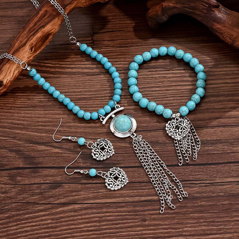 Retro Simple Style Tassel Heart Shape Alloy Beaded Plating Inlay Turquoise Women's Jewelry Set display picture 6