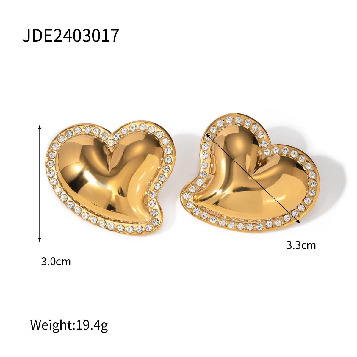 1 Pair IG Style Sweet Heart Shape Inlay 304 Stainless Steel Rhinestones 18K Gold Plated Ear Studs display picture 1