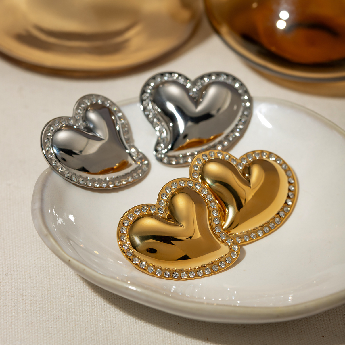 1 Pair IG Style Sweet Heart Shape Inlay 304 Stainless Steel Rhinestones 18K Gold Plated Ear Studs display picture 7