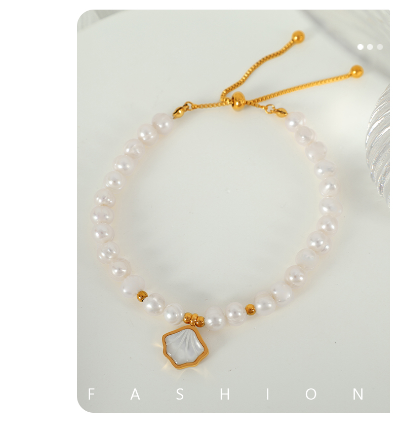 Süßwasserperle Weiße Schalentiere Titan Stahl 18 Karat Vergoldet Elegant Perlen Hülse Armbänder display picture 2