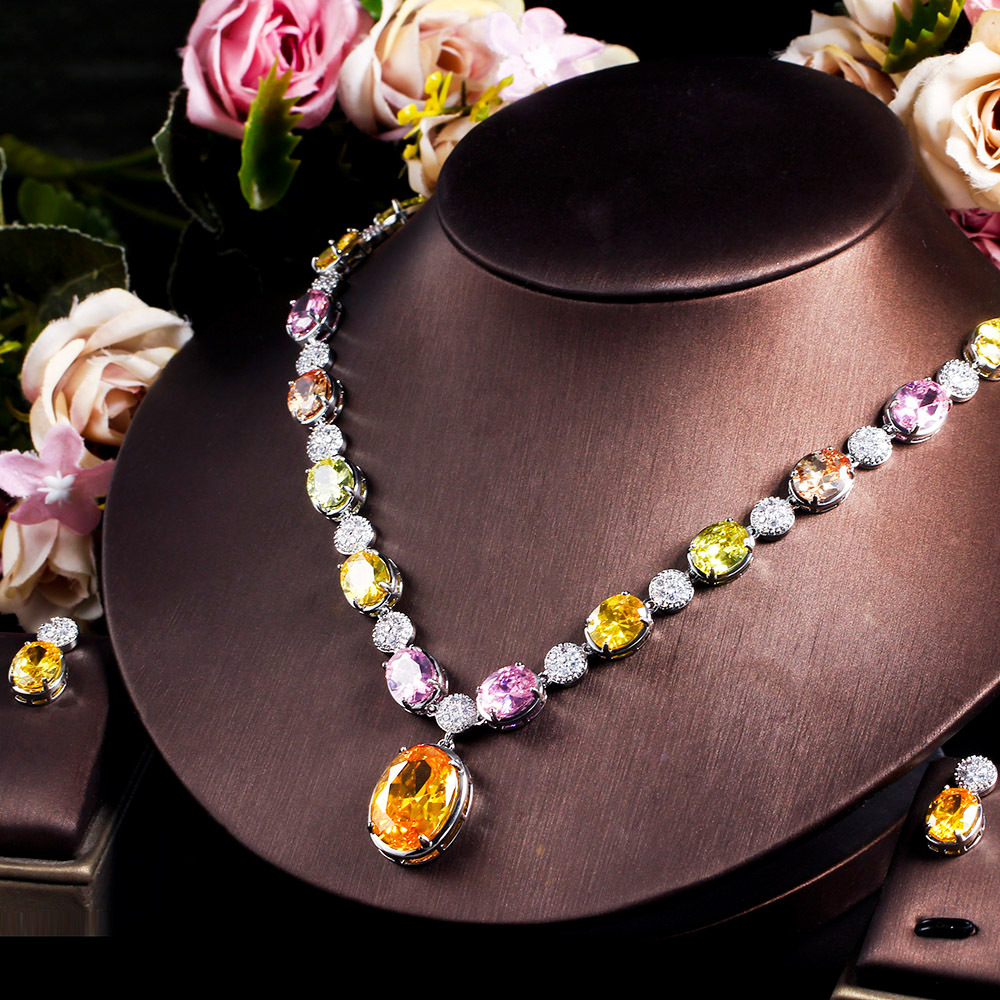 Kupfer Elegant Dame Braut Überzug Inlay Geometrisch Zirkon Ohrringe Halskette display picture 4