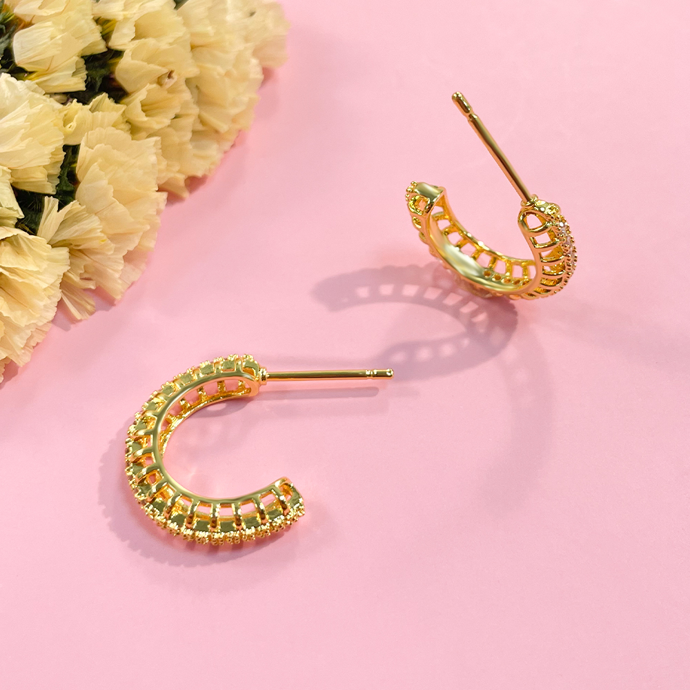 1 Pair Modern Style Shiny C Shape Lines Shell Plating Hollow Out Inlay Copper Zircon 18K Gold Plated Ear Studs display picture 11