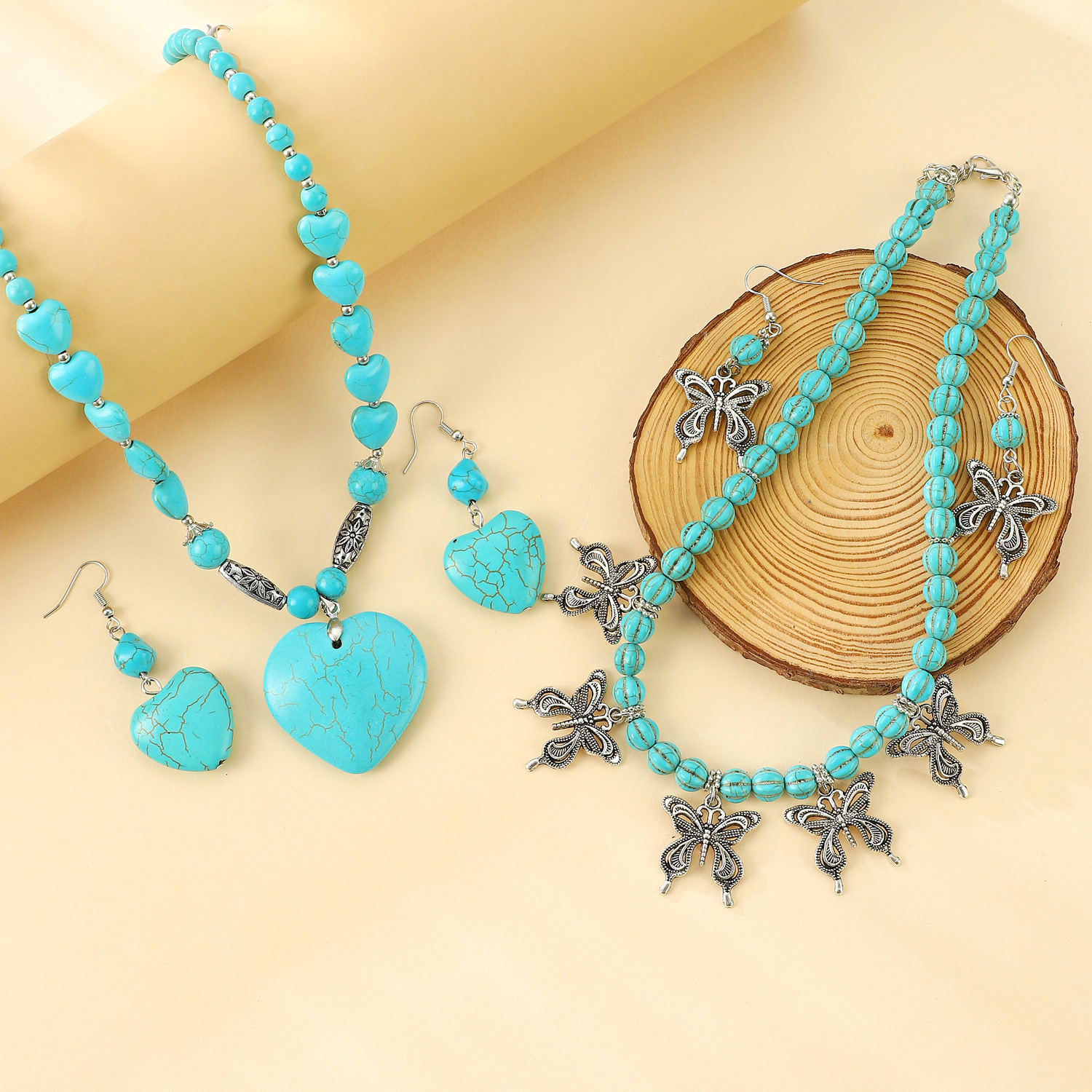 Vintage Style Ethnic Style Bohemian Heart Shape Butterfly Alloy Turquoise Women's Earrings Necklace display picture 3