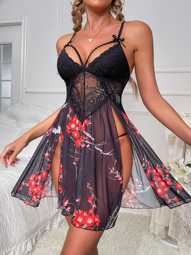 Women's Ditsy Floral Slit Sexy Lingerie Pajamas display picture 4