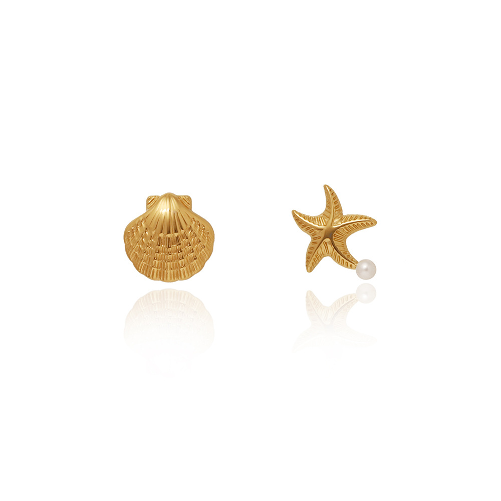 1 Pair Beach Sweet Starfish Shell Asymmetrical Inlay Copper Pearl Gold Plated Ear Studs display picture 1