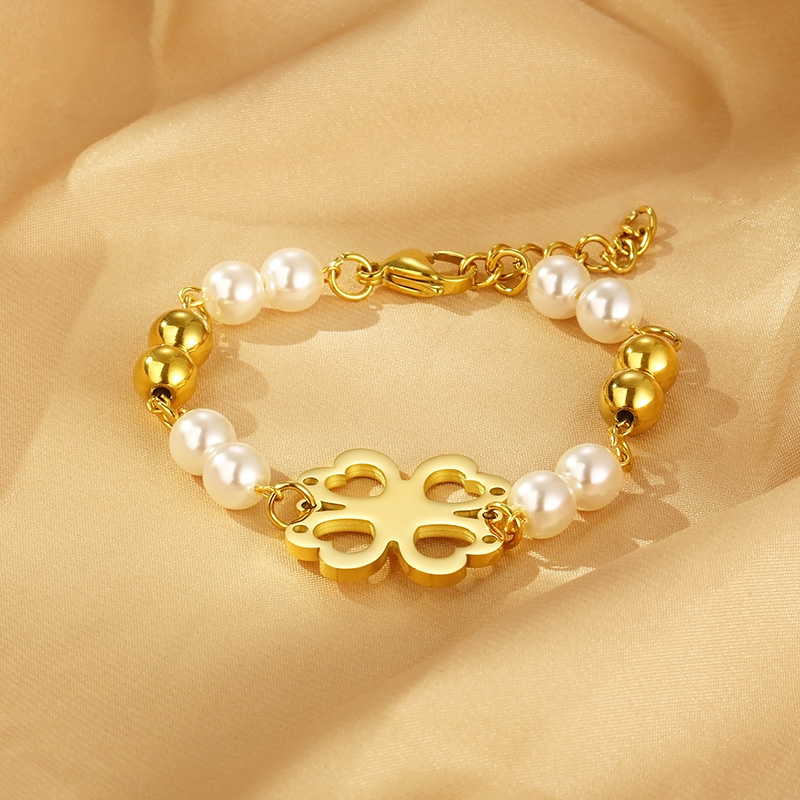 304 Stainless Steel Resin Simple Style Beaded Hollow Out Flower Bracelets display picture 5