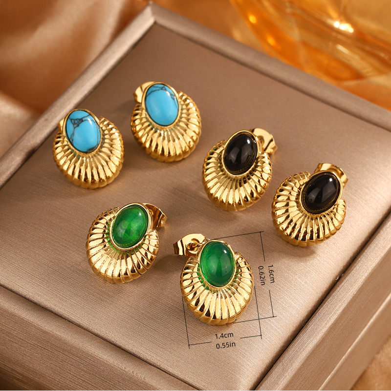 1 Pair Vintage Style Simple Style Geometric Oval Plating Inlay 304 Stainless Steel Artificial Pearls Turquoise Opal 18K Gold Plated Ear Studs display picture 6