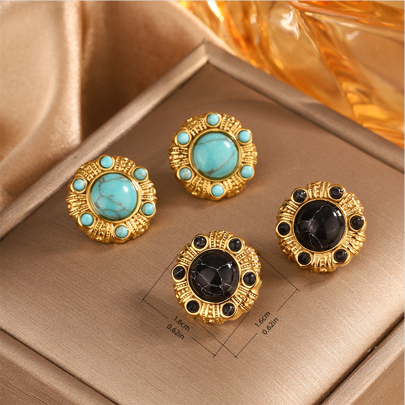 1 Pair Vintage Style Simple Style Geometric Oval Plating Inlay 304 Stainless Steel Artificial Pearls Turquoise Opal 18K Gold Plated Ear Studs display picture 7