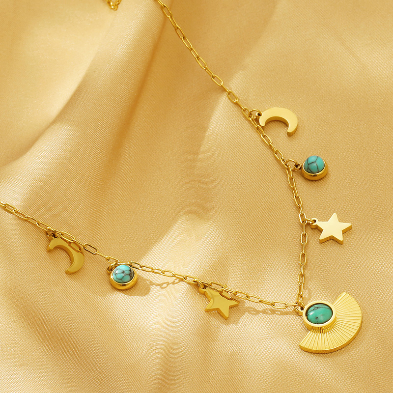 304 Stainless Steel 18K Gold Plated Simple Style Plating Inlay Heart Shape Turquoise Shell Double Layer Necklaces display picture 10