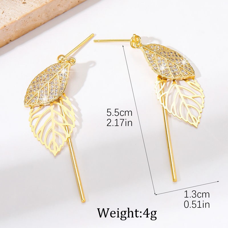1 Pair Sweet Commute Leaf Plating Hollow Out Inlay Copper Zircon 18K Gold Plated Drop Earrings display picture 2