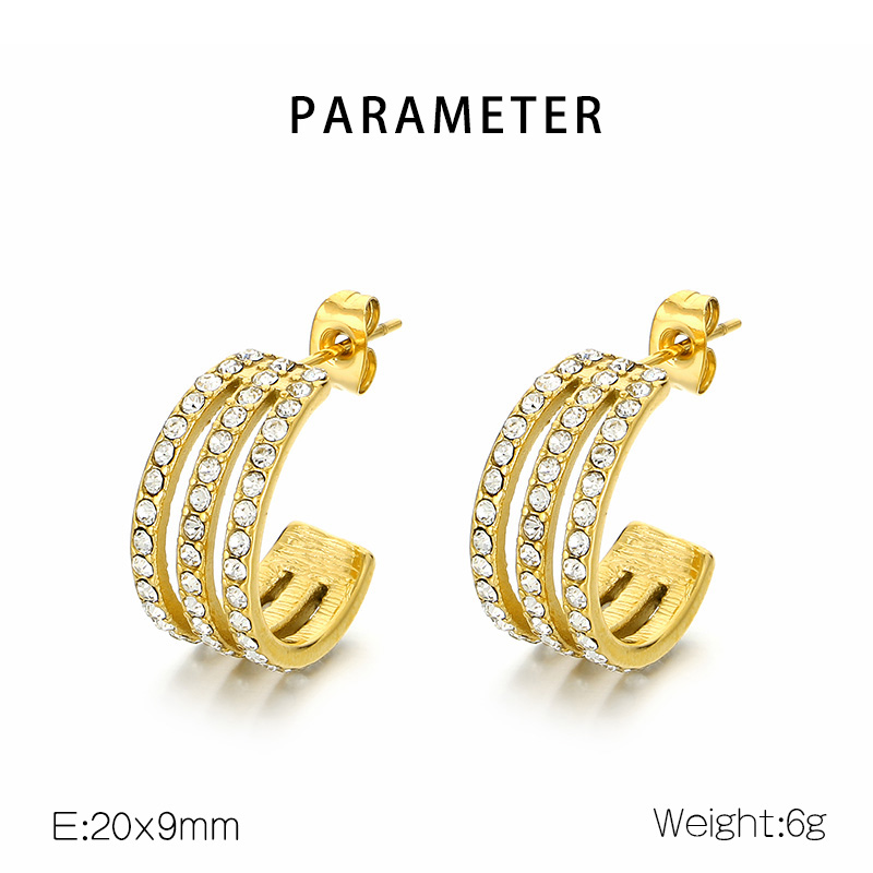 1 Pair Simple Style C Shape Solid Color Inlay 304 Stainless Steel Zircon 18K Gold Plated Earrings display picture 1