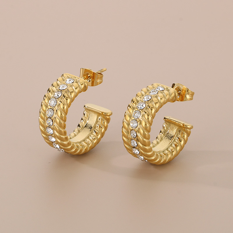 1 Pair Simple Style C Shape Solid Color Inlay 304 Stainless Steel Zircon 18K Gold Plated Earrings display picture 7