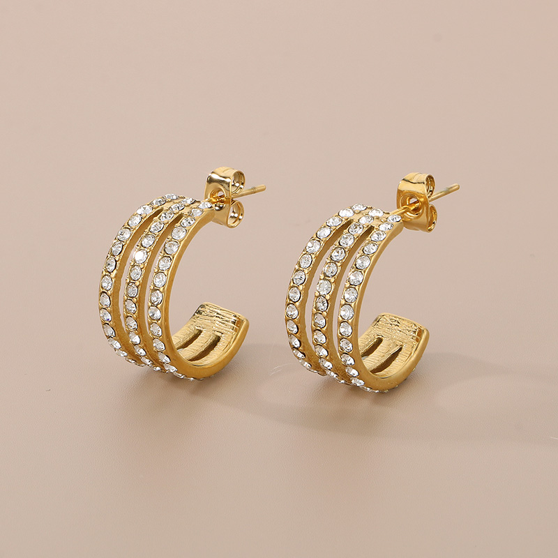 1 Pair Simple Style C Shape Solid Color Inlay 304 Stainless Steel Zircon 18K Gold Plated Earrings display picture 9