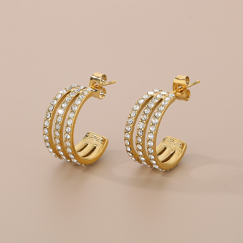 1 Paire Style Simple Forme C Couleur Unie Incruster Acier Inoxydable 304 Zircon Plaqué Or 18K Des Boucles D'Oreilles display picture 9