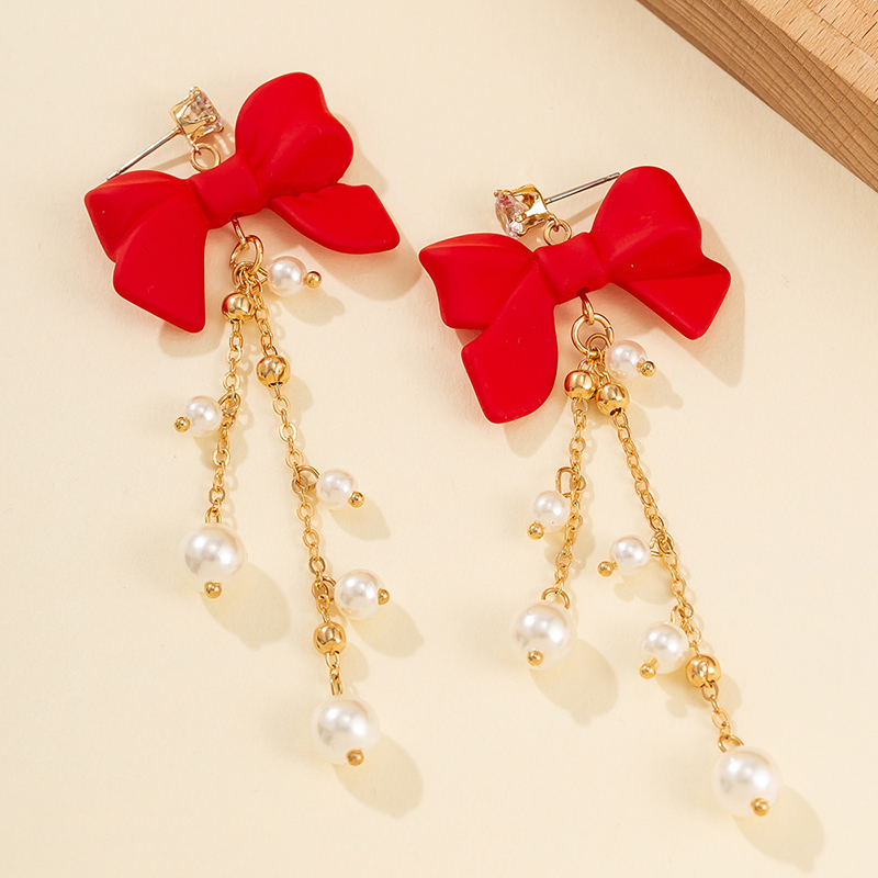 1 Pair Elegant Sweet Bow Knot Pearl Chain Inlay Alloy Rhinestones Drop Earrings display picture 2