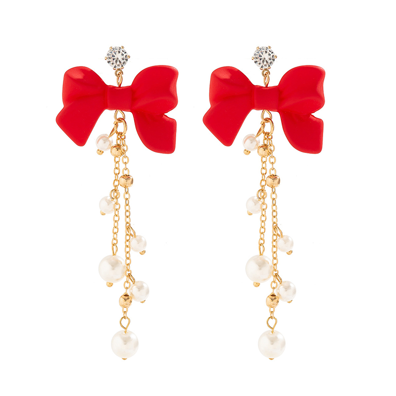 1 Pair Elegant Sweet Bow Knot Pearl Chain Inlay Alloy Rhinestones Drop Earrings display picture 3