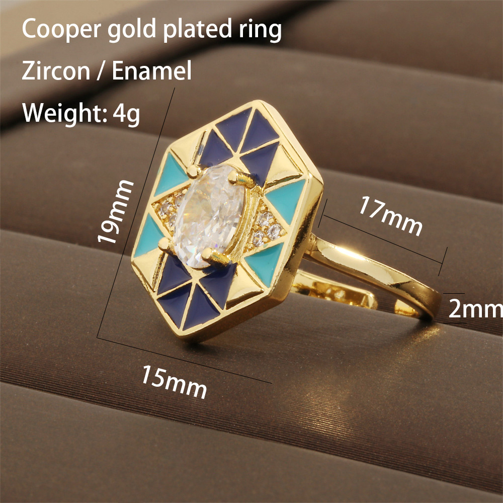 Copper 18K Gold Plated IG Style Hip-Hop Commute Enamel Inlay Hexagon Rhombus Lingge Zircon Jewelry Set display picture 25
