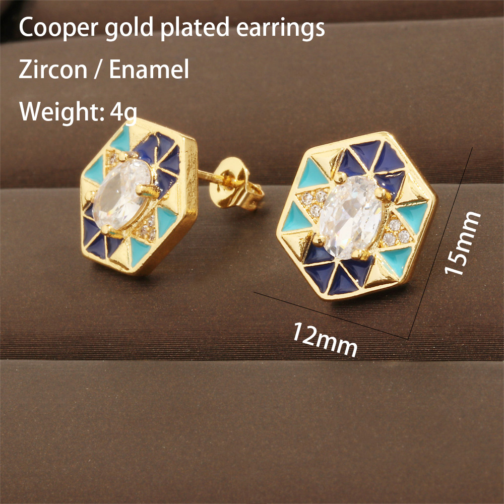 Copper 18K Gold Plated IG Style Hip-Hop Commute Enamel Inlay Hexagon Rhombus Lingge Zircon Jewelry Set display picture 24