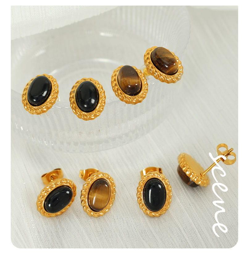 Tiger Eye Titanium Steel 18K Gold Plated Elegant Retro Plating Inlay Oval Glass Stone Tiger Eye Earrings Necklace display picture 8