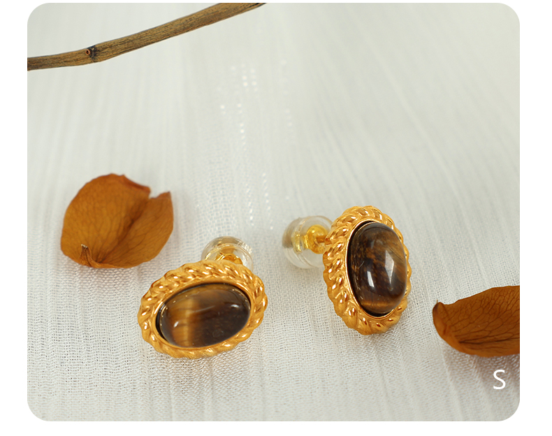 Tiger Eye Titanium Steel 18K Gold Plated Elegant Retro Plating Inlay Oval Glass Stone Tiger Eye Earrings Necklace display picture 7