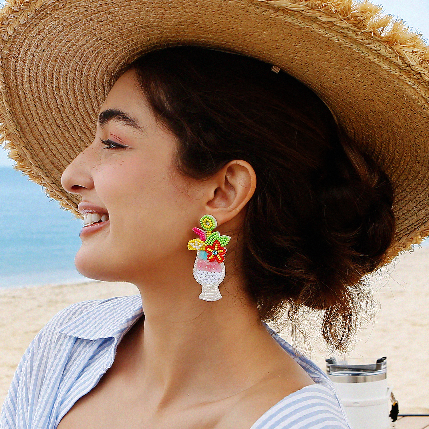 1 Pair Vacation Tropical Color Block Beaded Glass Drop Earrings display picture 3