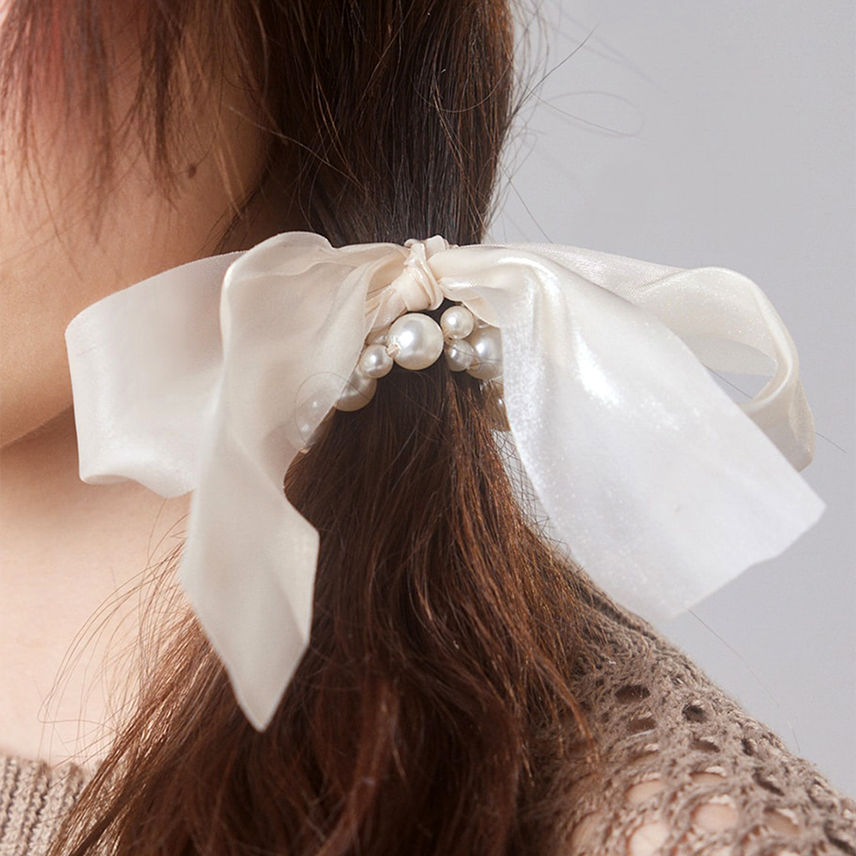 Frau Süß Einfacher Stil Bogenknoten Imitationsperle Polyester Perlen Haargummi display picture 1