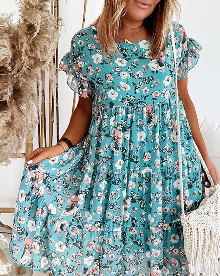 Women's Regular Dress Vacation Round Neck Short Sleeve Ditsy Floral Midi Dress Weekend Daily Lawn display picture 5