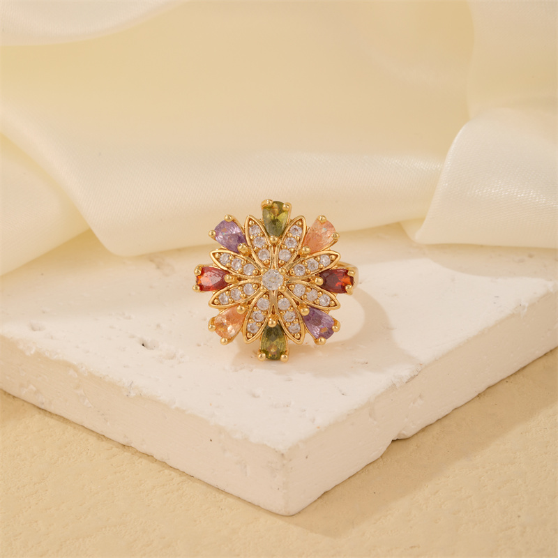 Copper K Gold Plated Elegant Cute Luxurious Plating Inlay Flower Petal Zircon Open Rings display picture 2