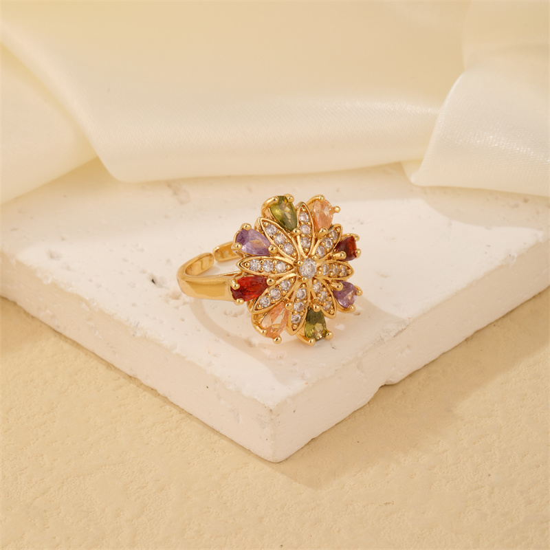 Kupfer K Vergoldet Elegant Süß Luxuriös Überzug Inlay Blume Blütenblatt Zirkon Offener Ring display picture 3