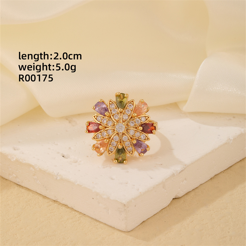 Kupfer K Vergoldet Elegant Süß Luxuriös Überzug Inlay Blume Blütenblatt Zirkon Offener Ring display picture 6